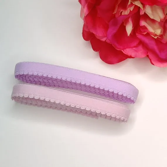 11 mm Zierlitze/Wäschegummi in rosa und Flieder. Picot plush elastic, panty elastic in sweet violet and  pastel lavender. IDelx19