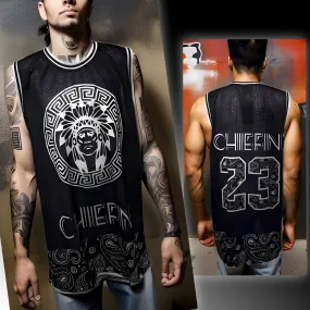 ^23 BLACK BANDANA^ ~CHIEFIN’~ MESH BASKETBALL CREWNECK JERSEYS (TALL-BODY)