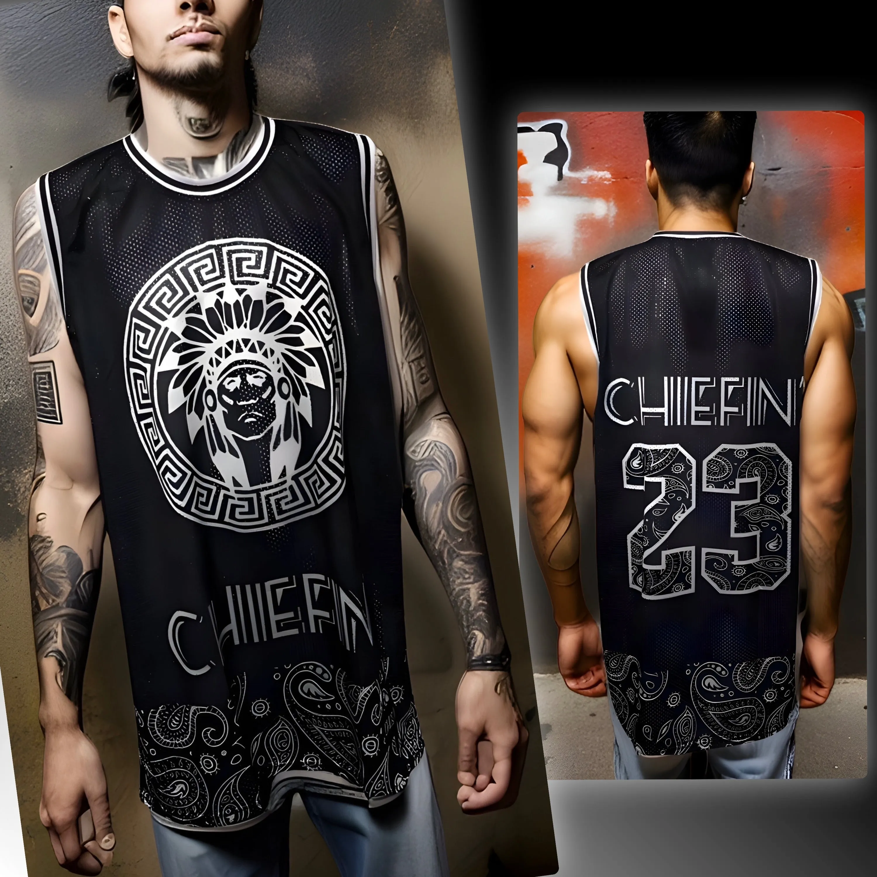 ^23 BLACK BANDANA^ ~CHIEFIN’~ MESH BASKETBALL CREWNECK JERSEYS (TALL-BODY)