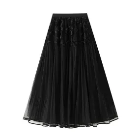 3D Floral Mesh High Waist Umbrella Skirt