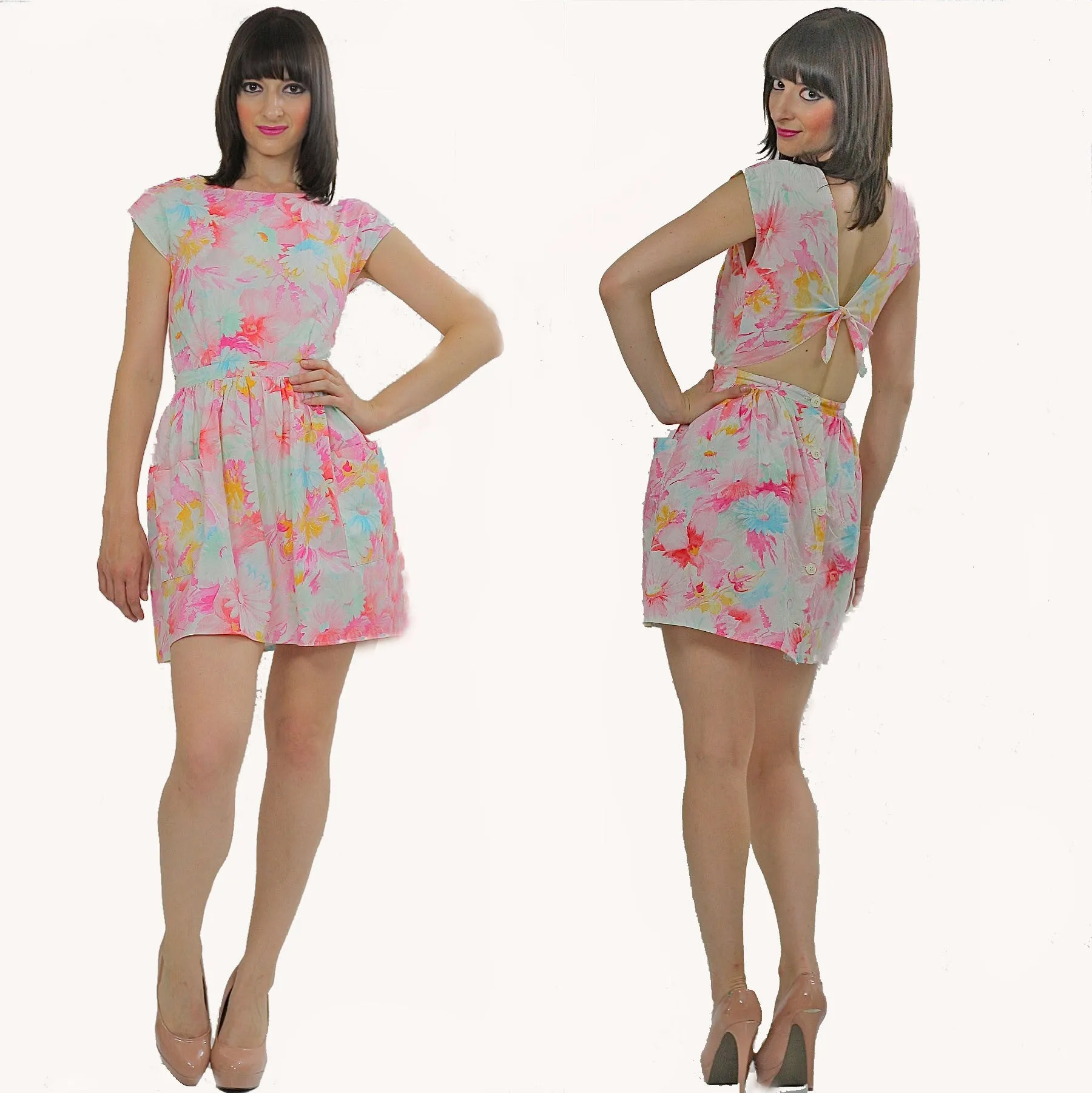 80s Pastel floral Open back boho mini dress