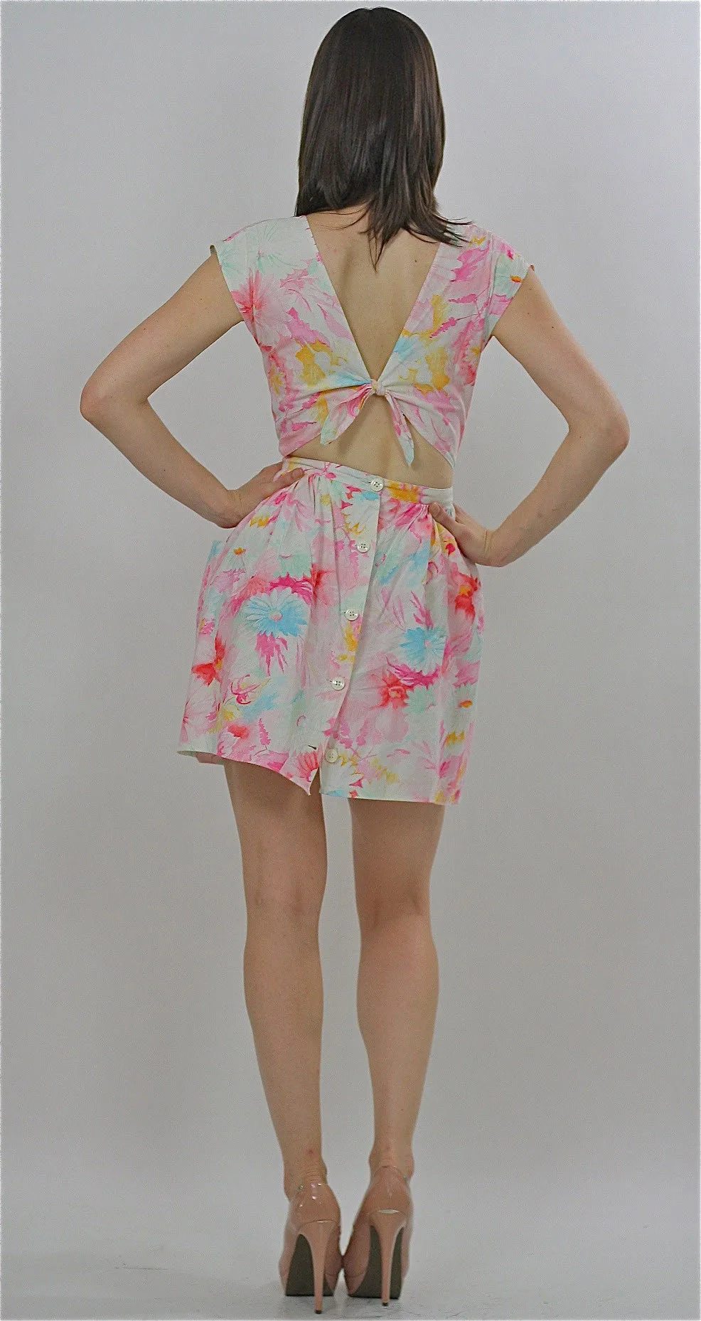 80s Pastel floral Open back boho mini dress