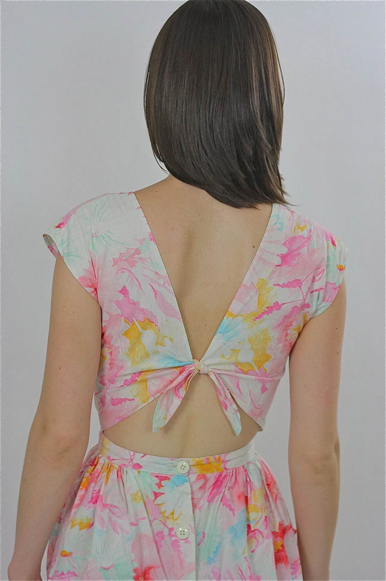 80s Pastel floral Open back boho mini dress