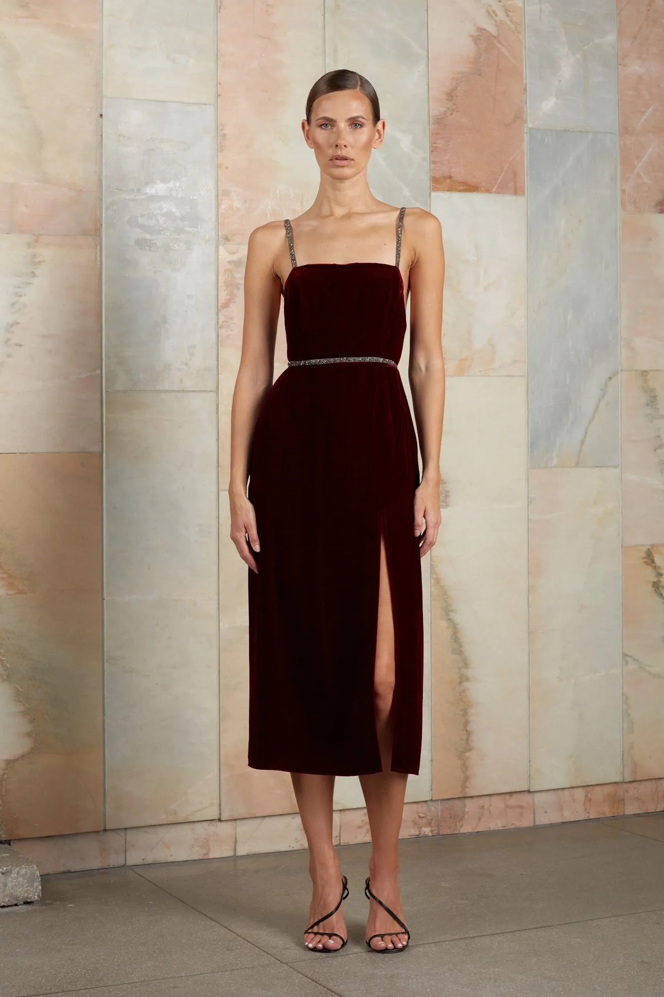 AMYA red silk velvet midi dress