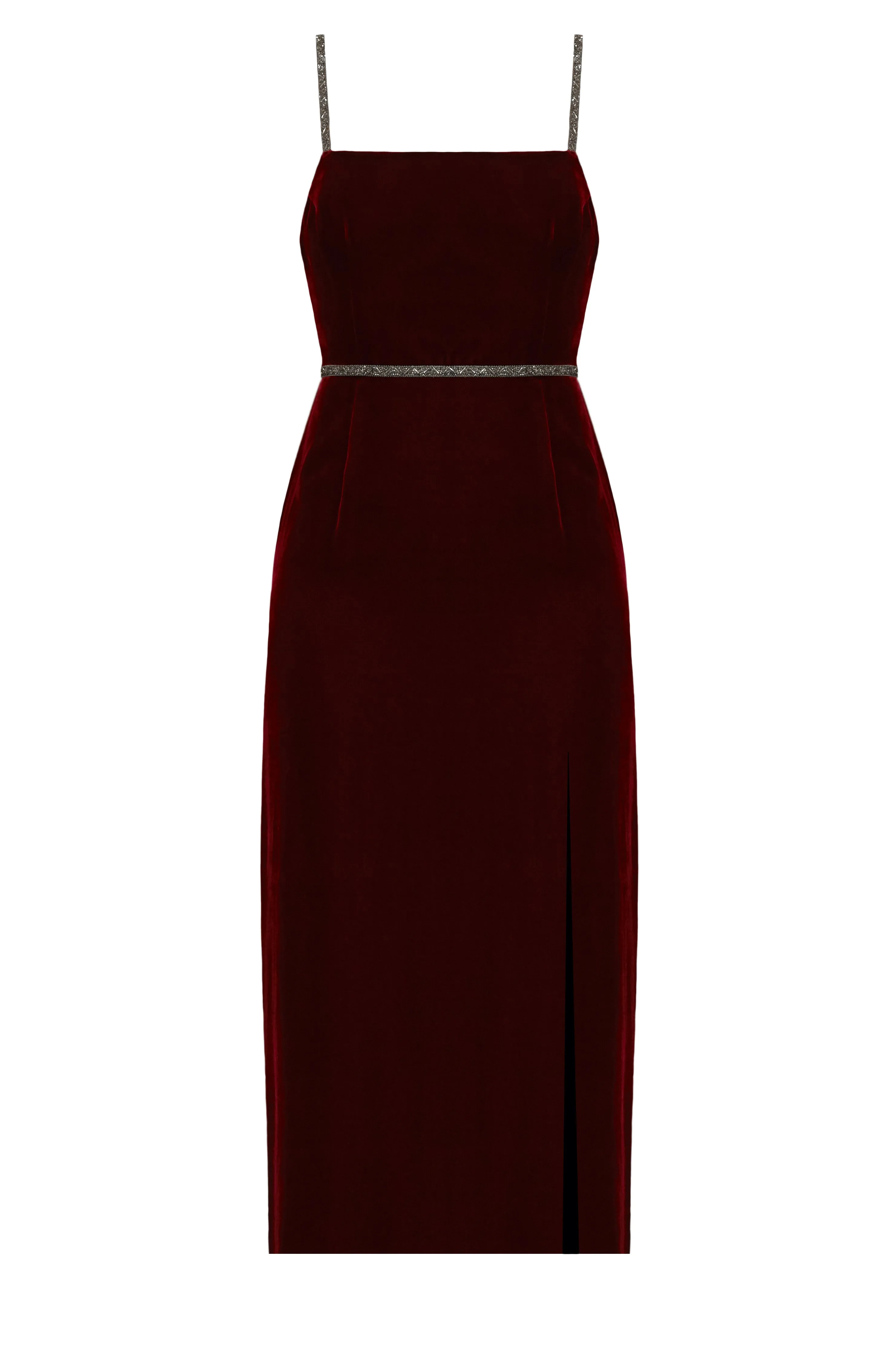 AMYA red silk velvet midi dress
