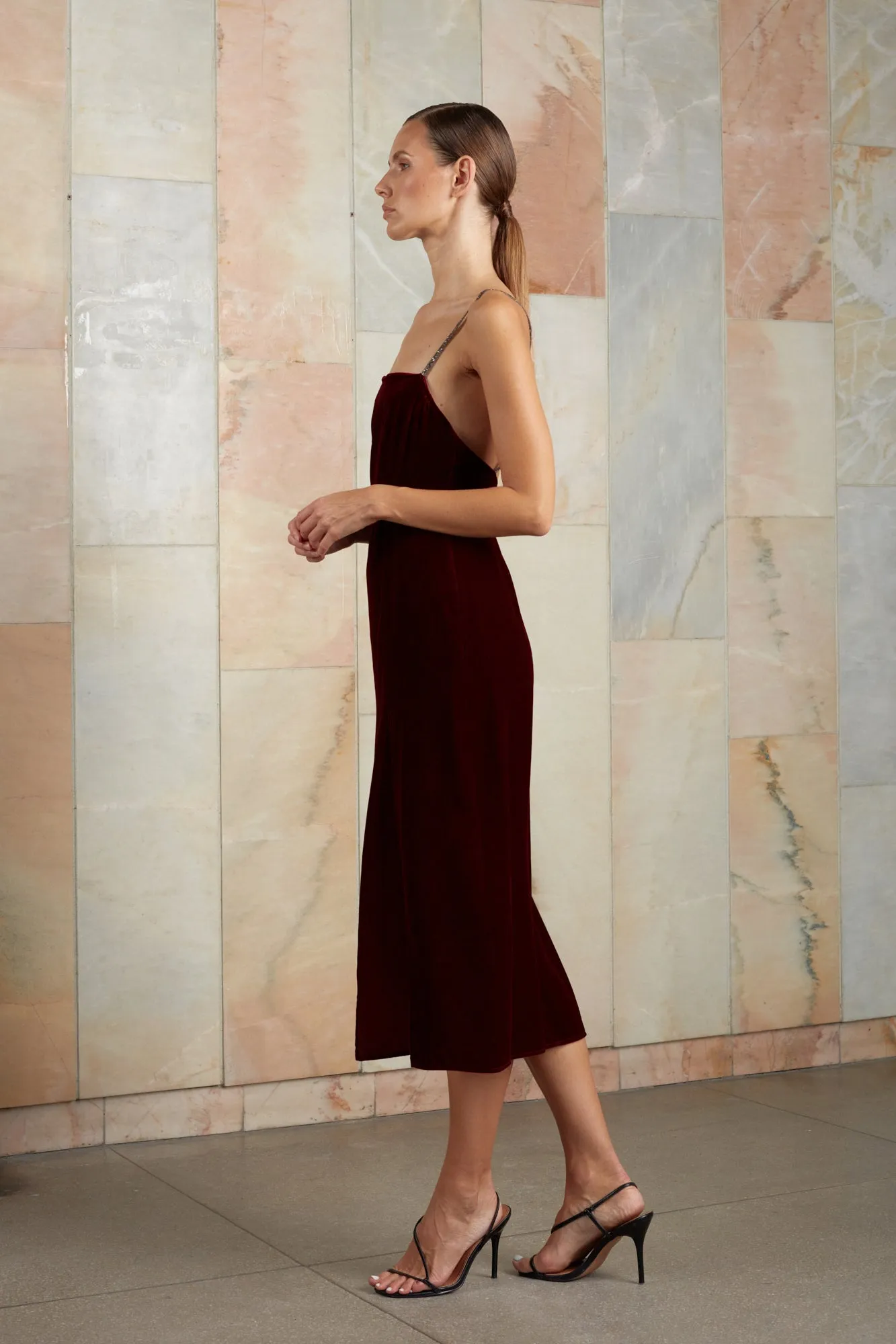 AMYA red silk velvet midi dress