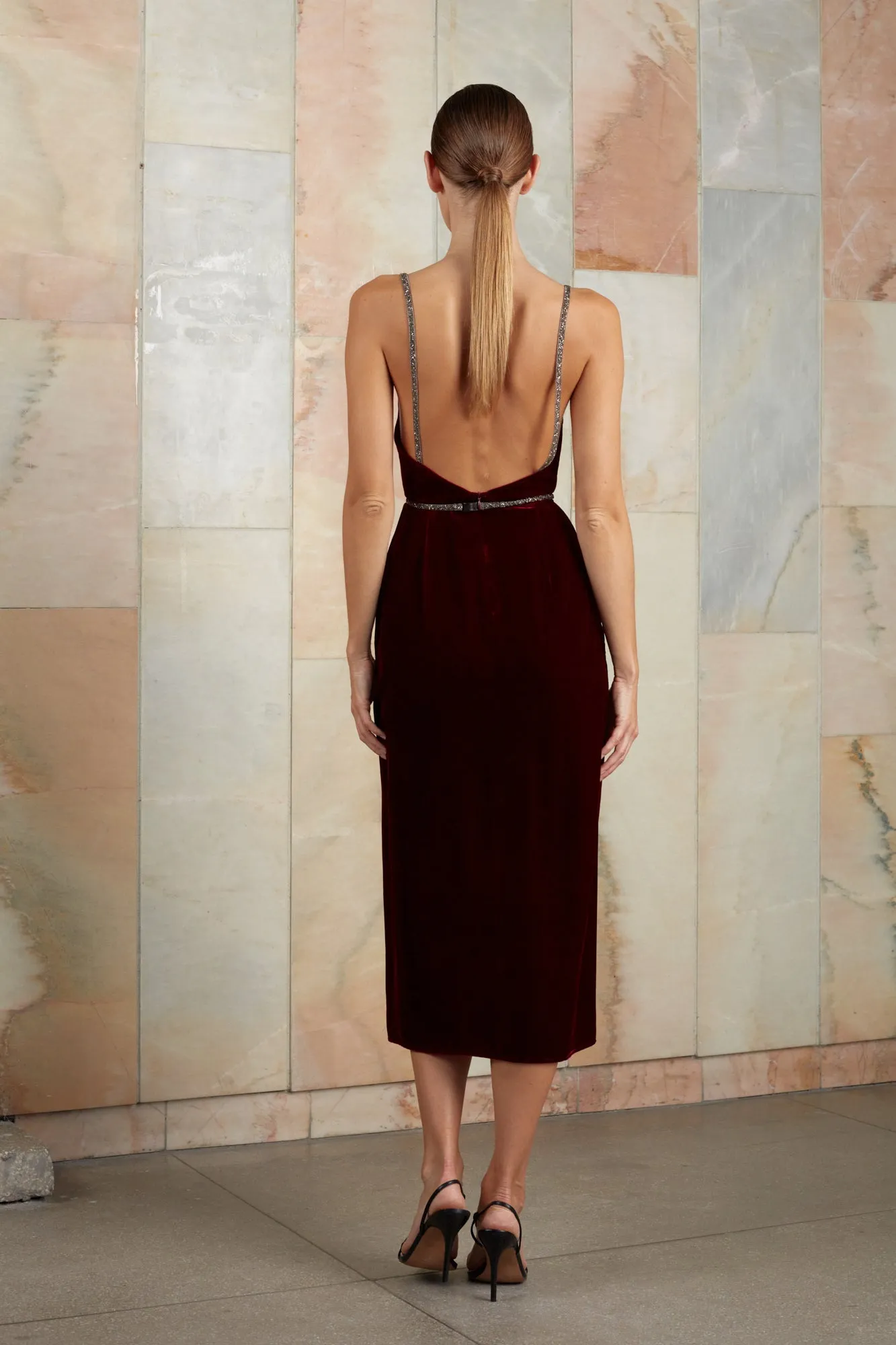 AMYA red silk velvet midi dress