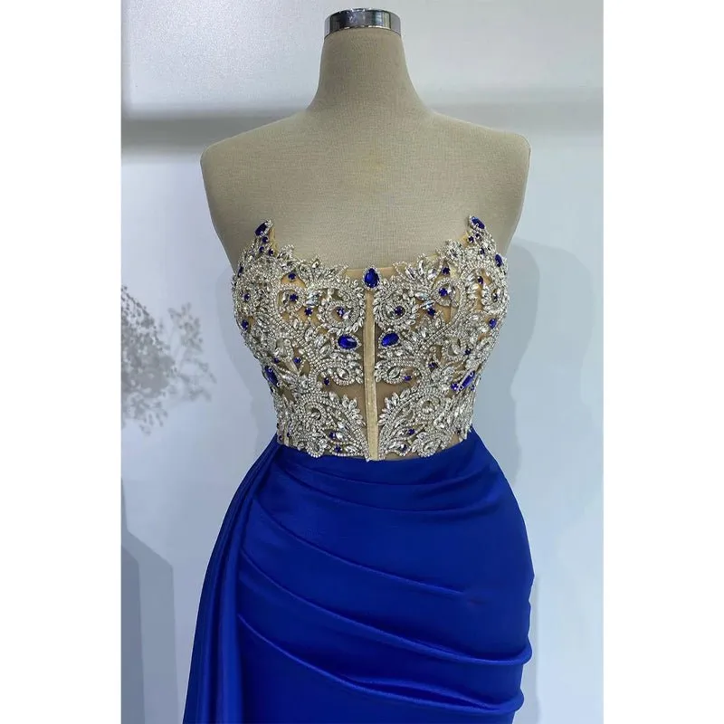 Attractive Sheath/column Strapless Beaded Blue Prom Evening Gowns
