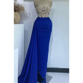 Attractive Sheath/column Strapless Beaded Blue Prom Evening Gowns