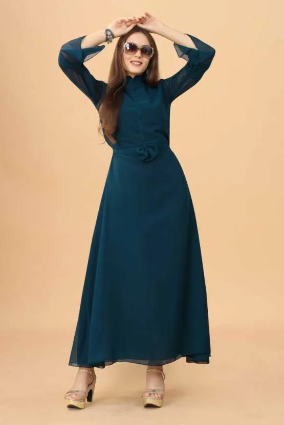 Azure Aura Maxi Dress with Full Sleeve