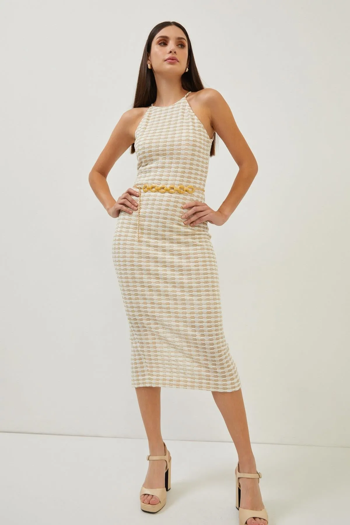 Beige Bodycon Back Slit Midi Dress