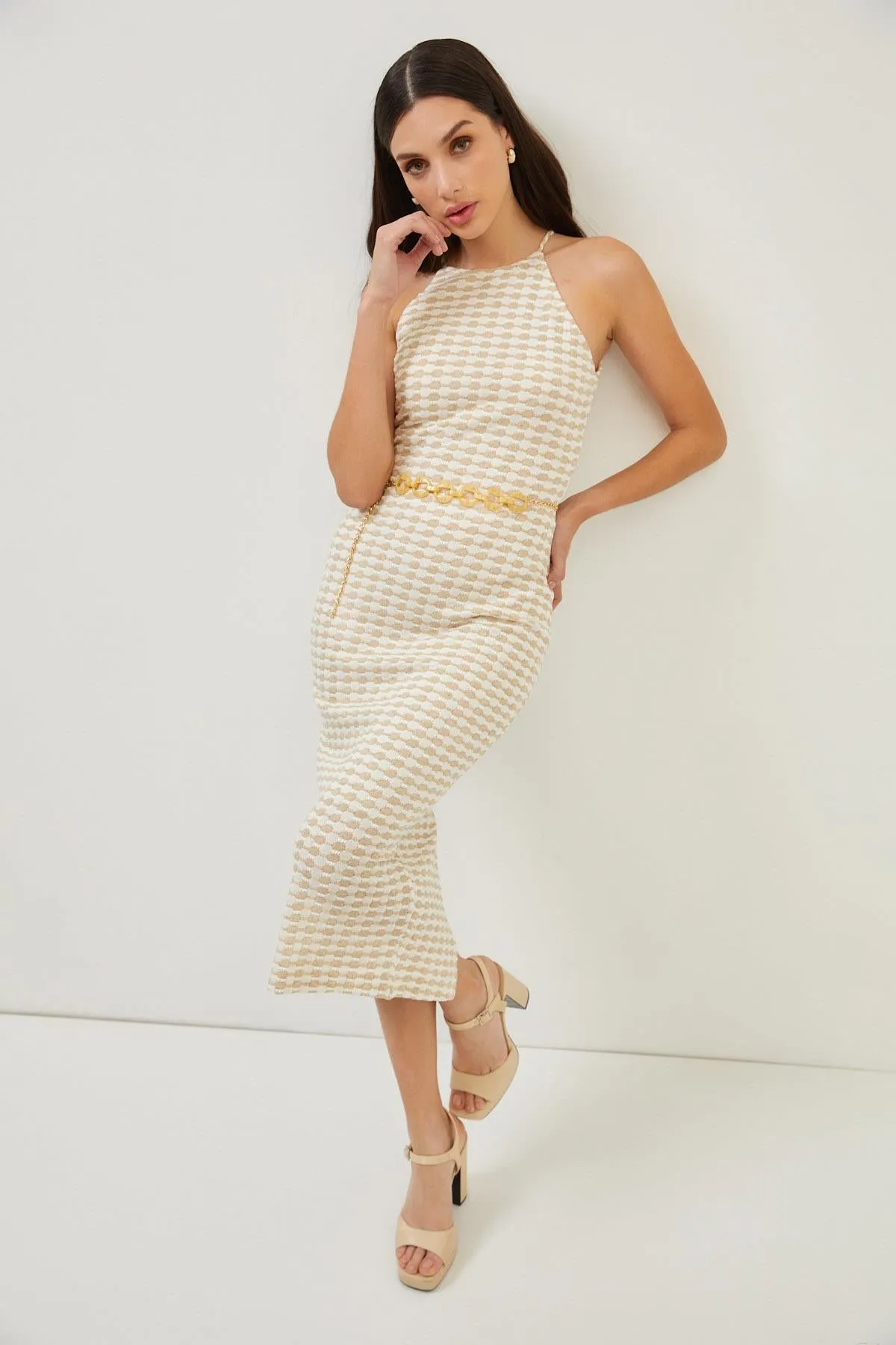 Beige Bodycon Back Slit Midi Dress