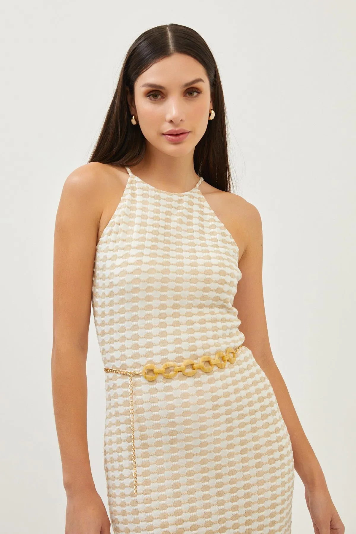 Beige Bodycon Back Slit Midi Dress