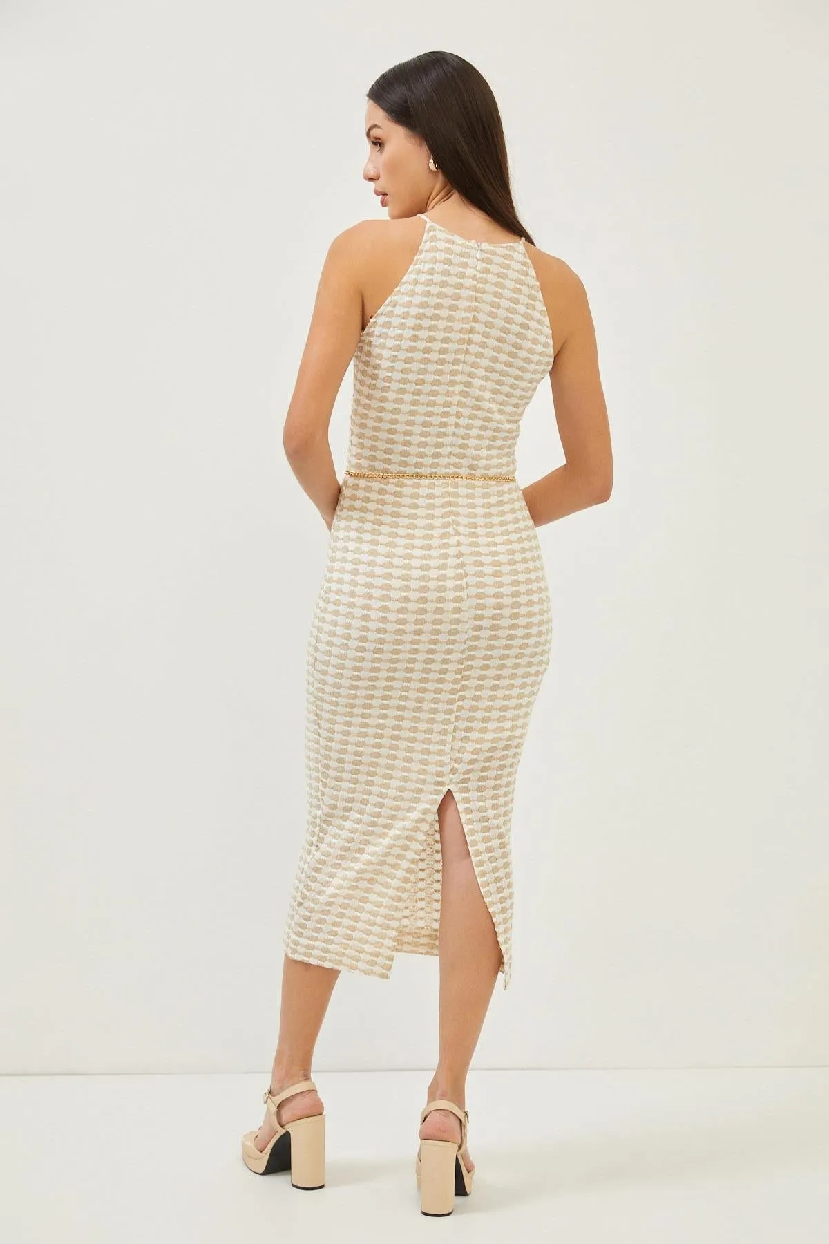 Beige Bodycon Back Slit Midi Dress