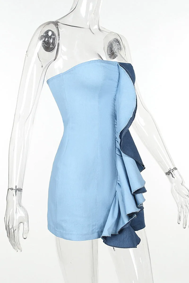 BH0156 Two Tone Denim Tube Dress
