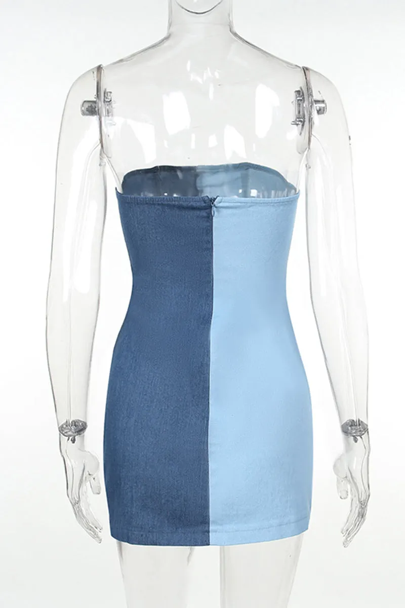 BH0156 Two Tone Denim Tube Dress