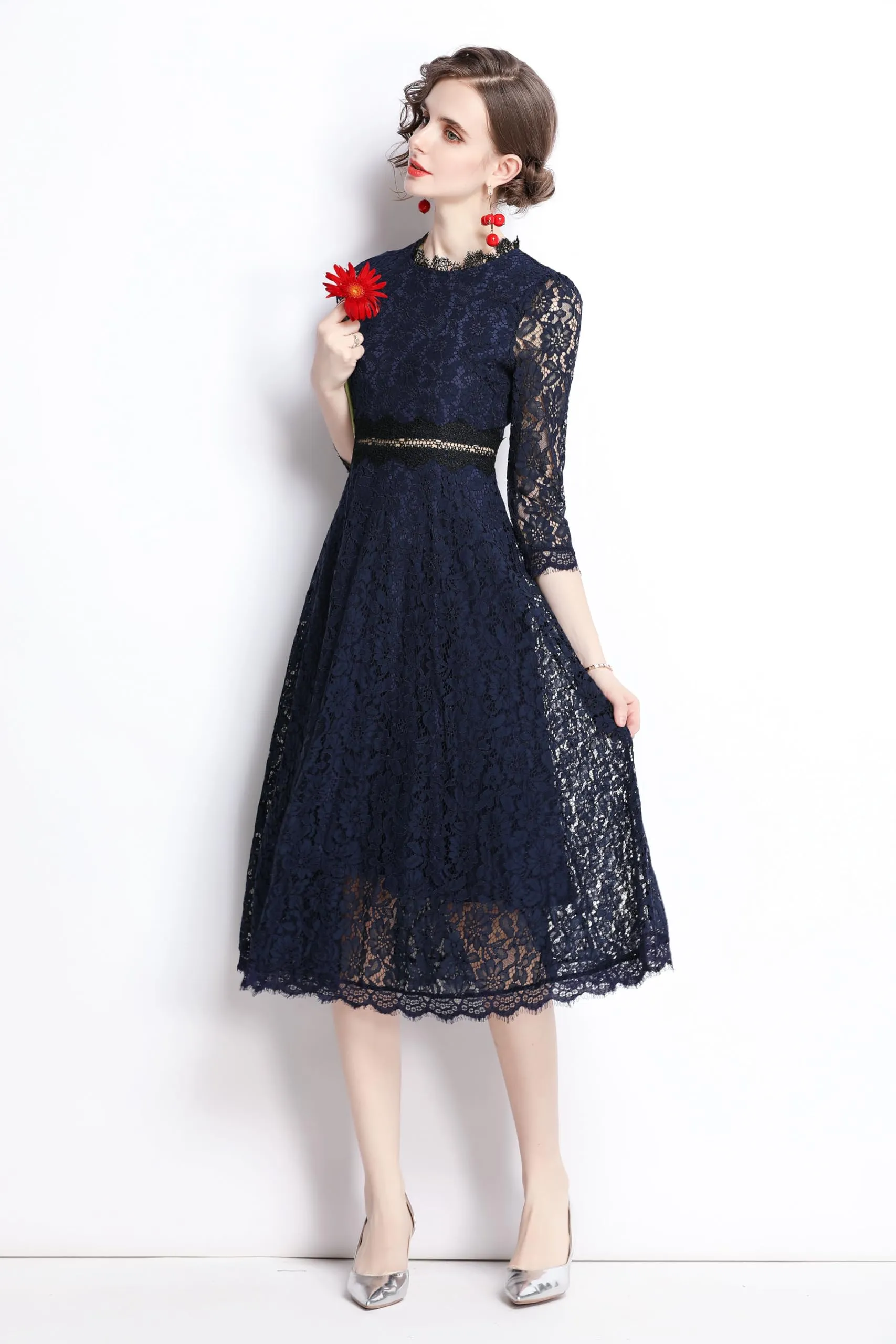 BK-Women's 3/4 Sleeve Floral Lace Cocktail Party Midi Dress