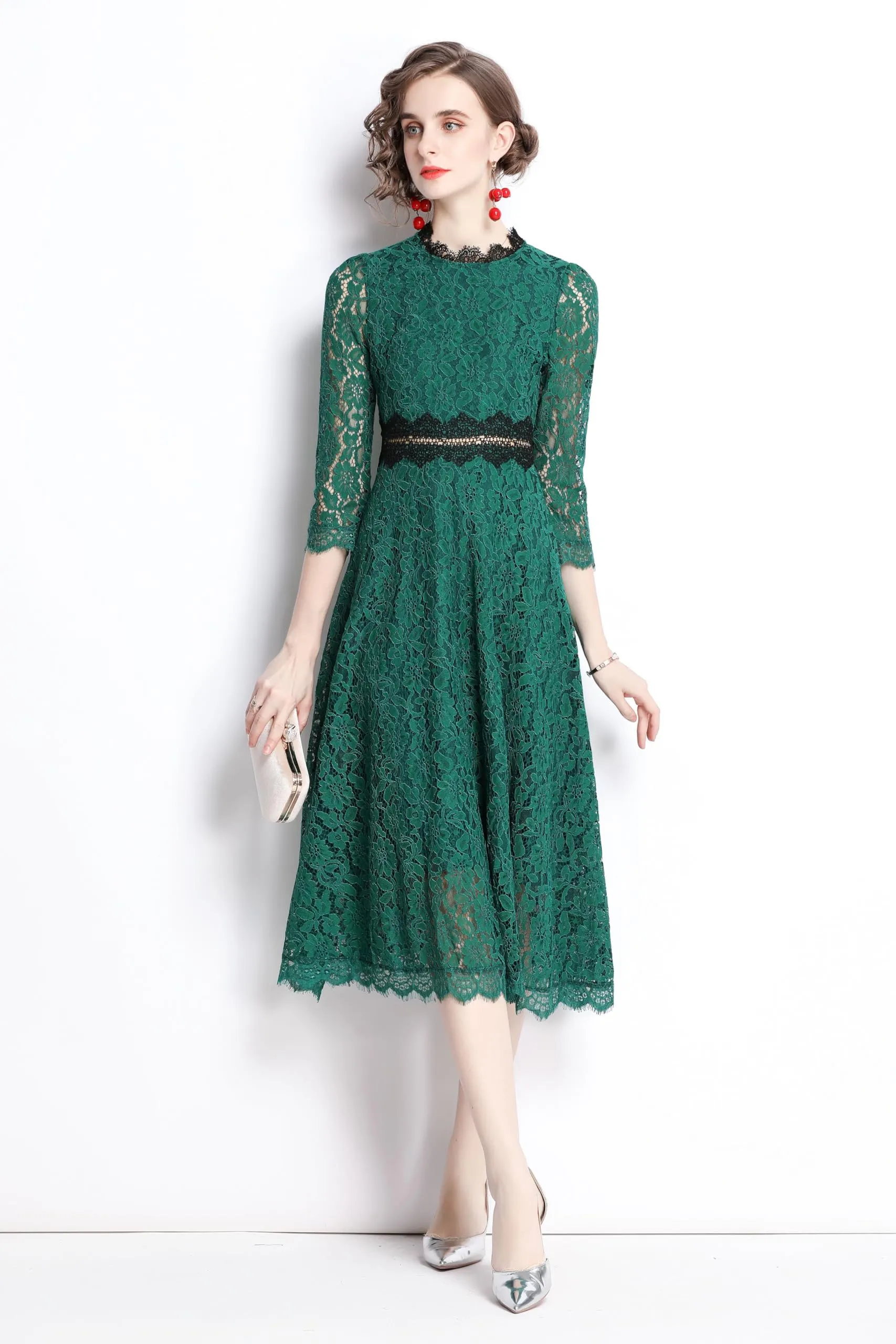 BK-Women's 3/4 Sleeve Floral Lace Cocktail Party Midi Dress