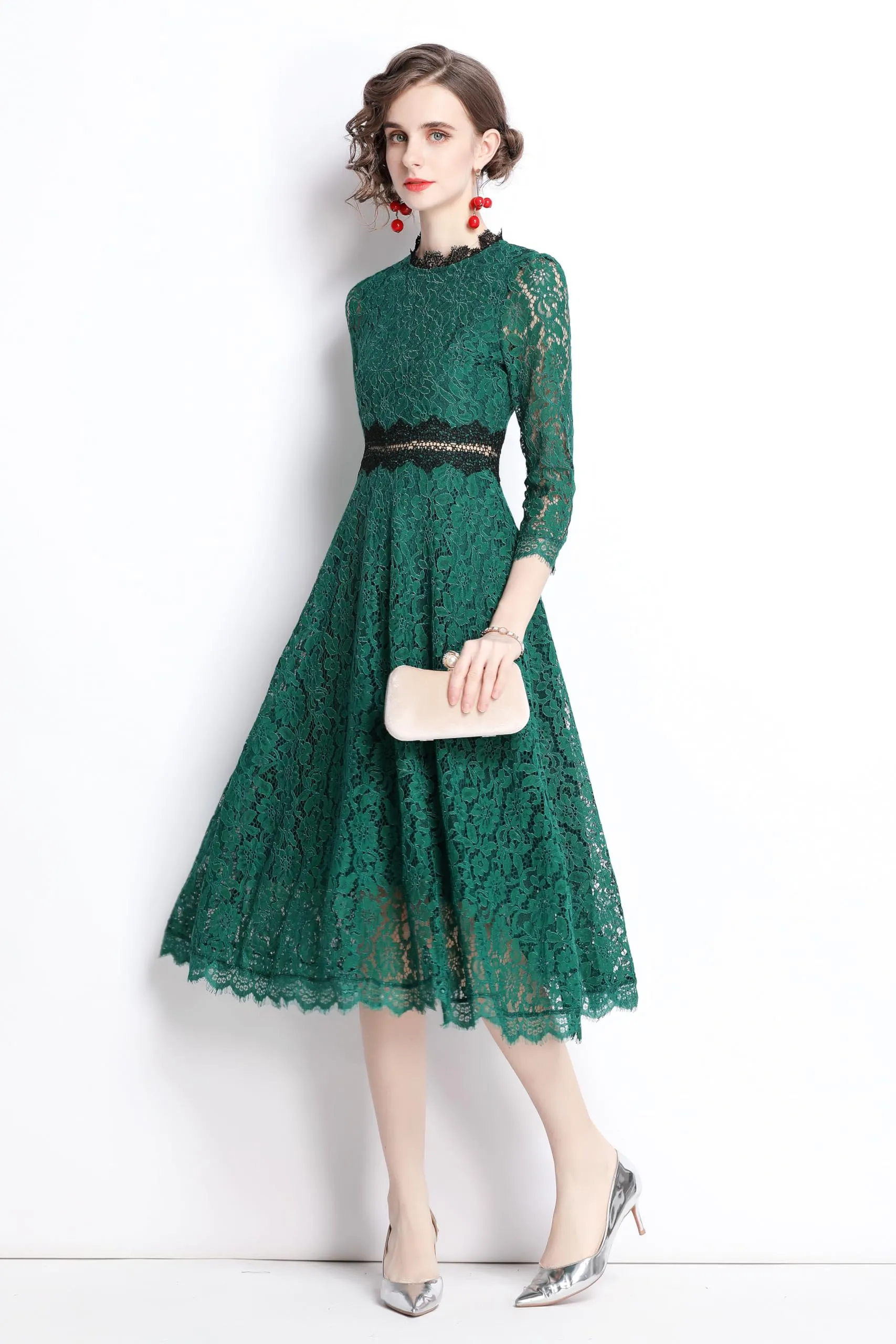 BK-Women's 3/4 Sleeve Floral Lace Cocktail Party Midi Dress