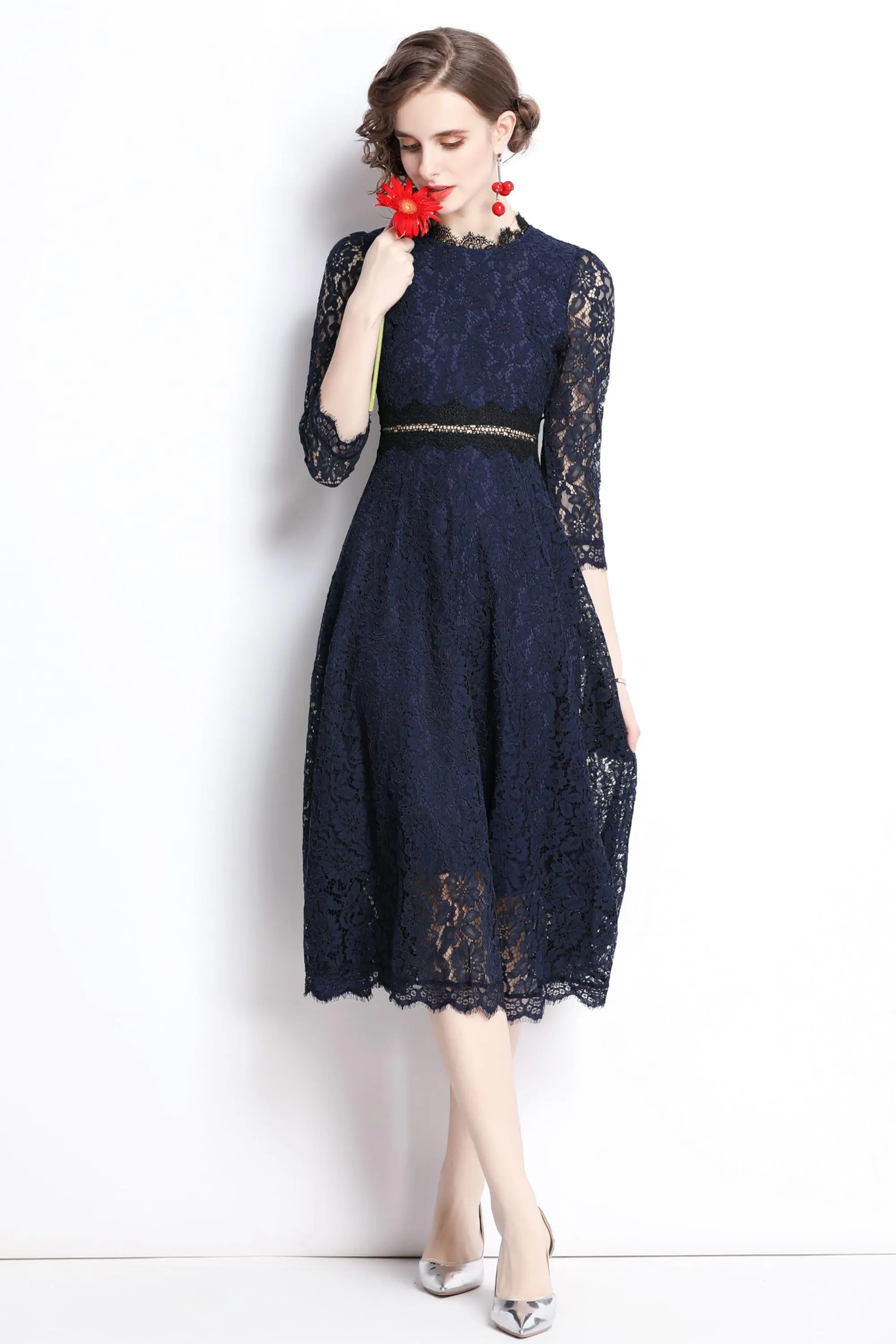 BK-Women's 3/4 Sleeve Floral Lace Cocktail Party Midi Dress
