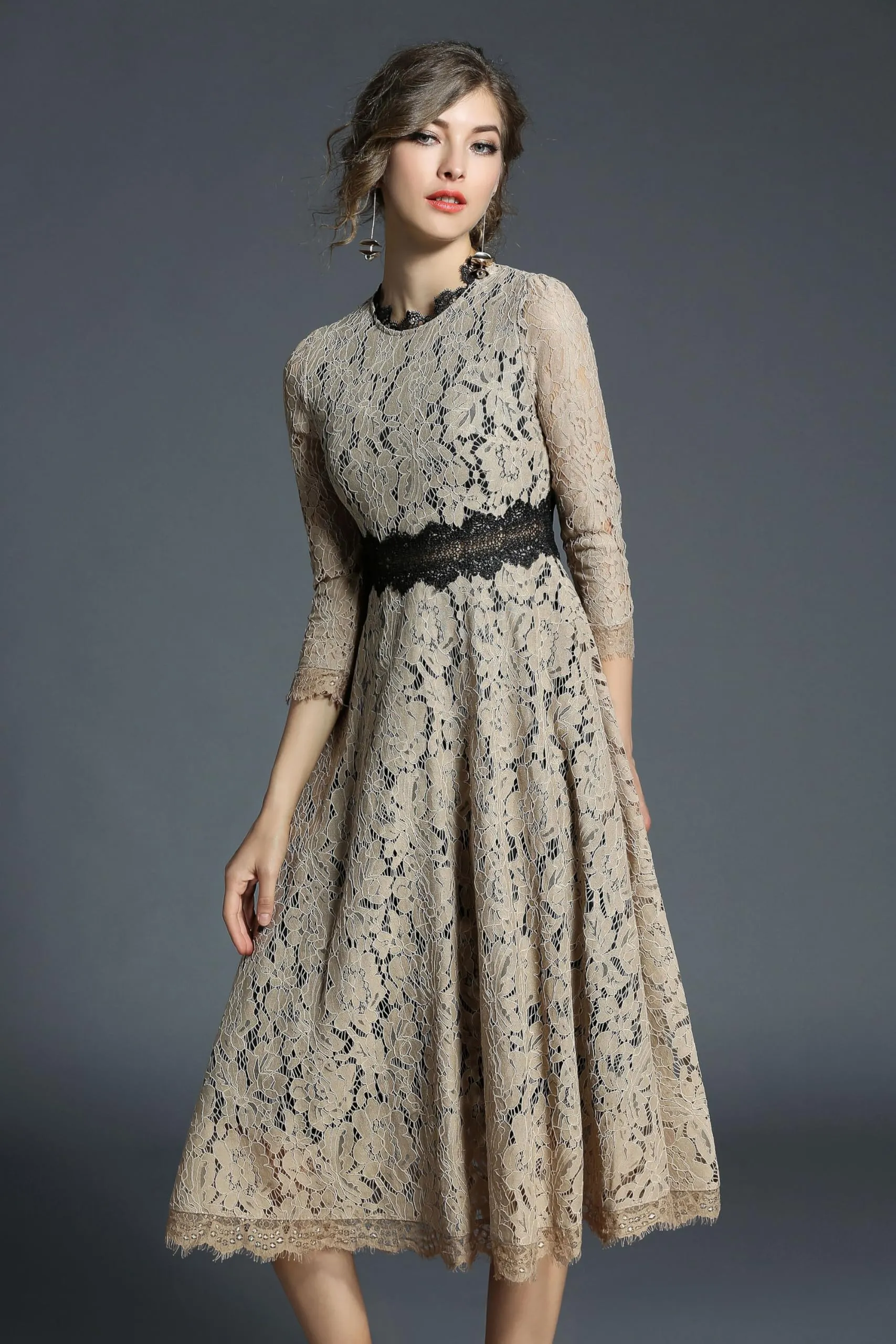 BK-Women's 3/4 Sleeve Floral Lace Cocktail Party Midi Dress