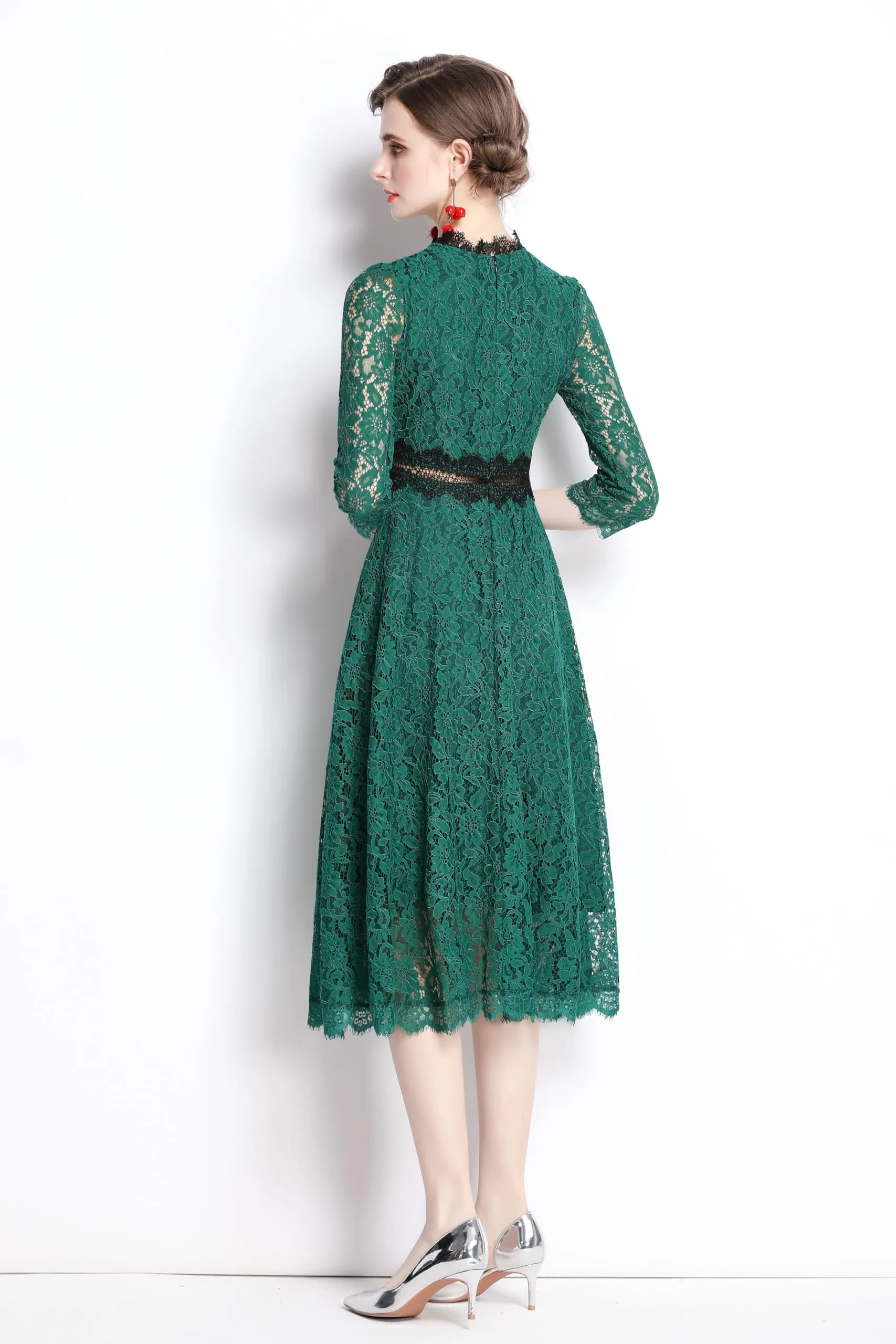 BK-Women's 3/4 Sleeve Floral Lace Cocktail Party Midi Dress