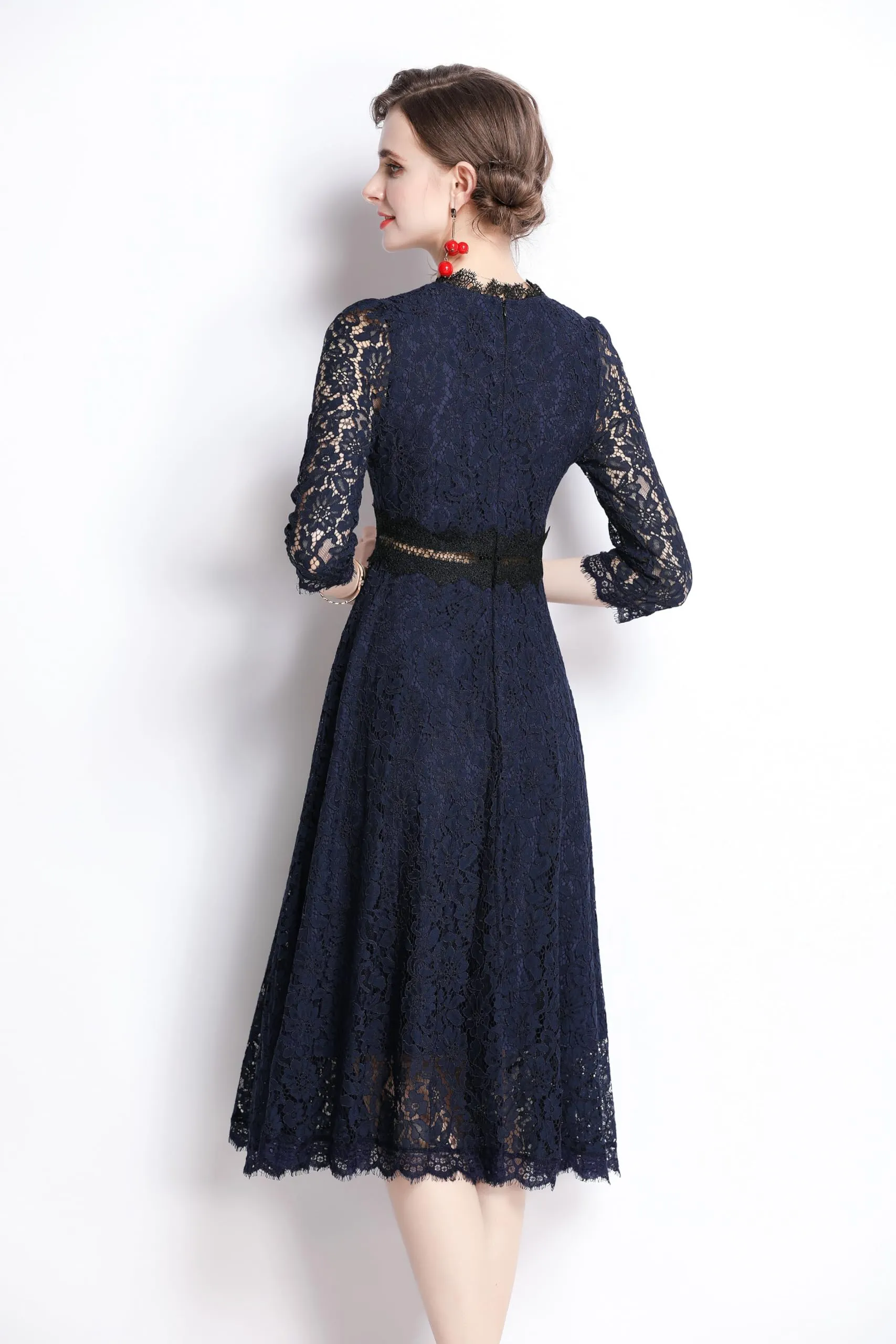 BK-Women's 3/4 Sleeve Floral Lace Cocktail Party Midi Dress