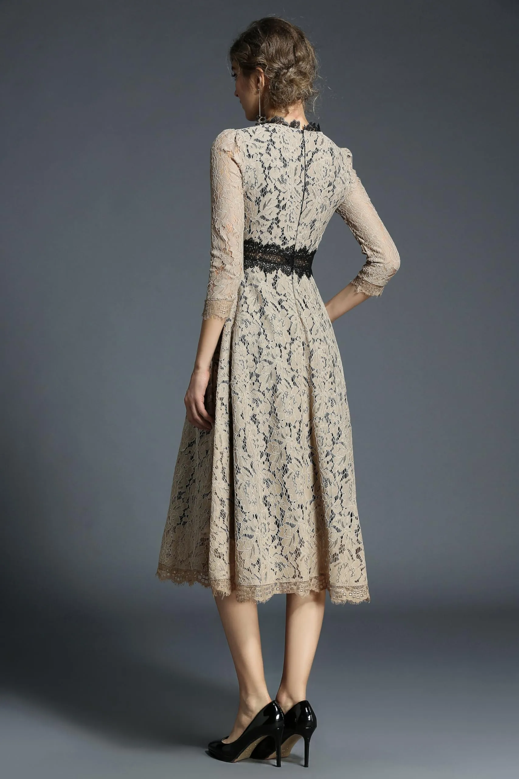 BK-Women's 3/4 Sleeve Floral Lace Cocktail Party Midi Dress