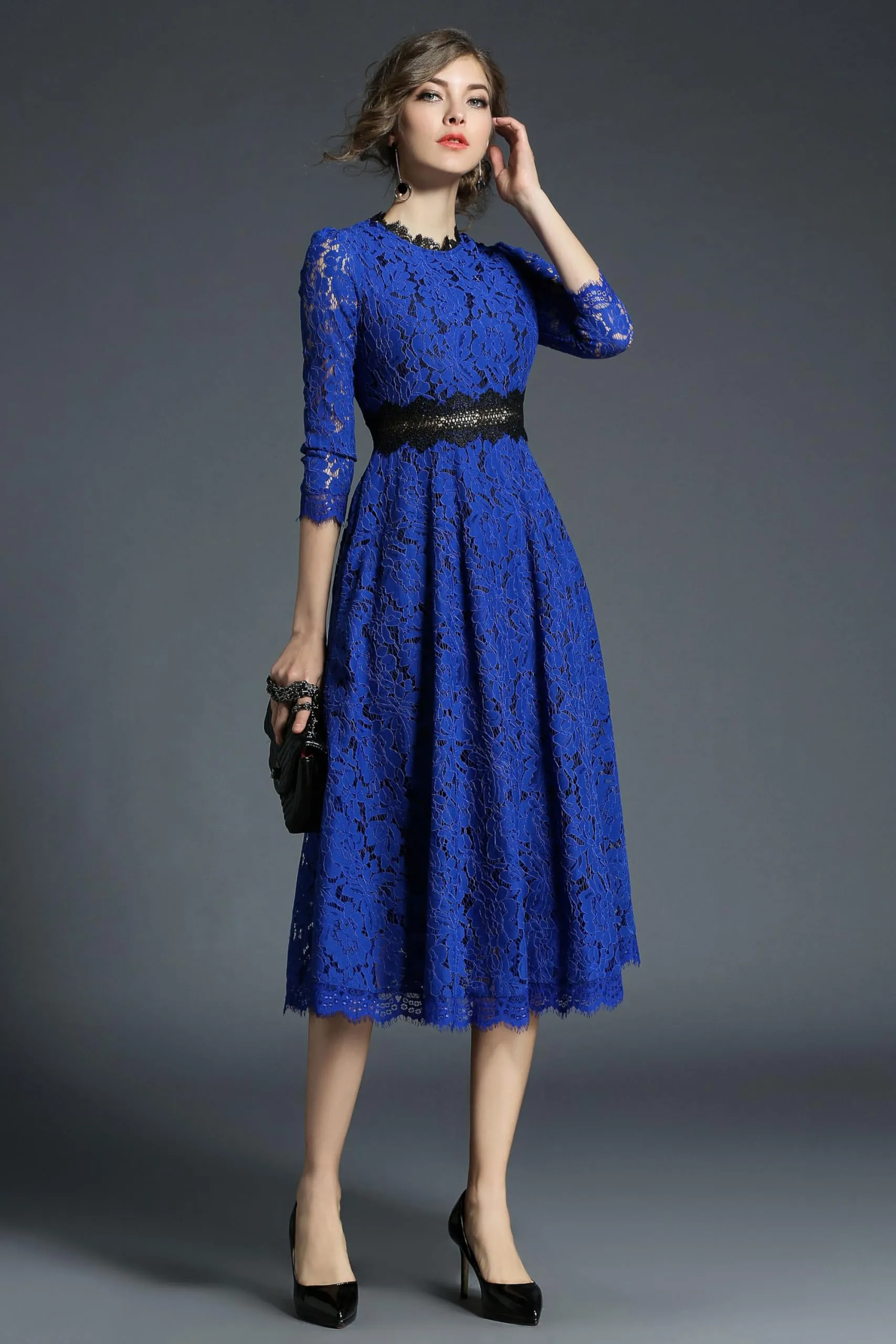 BK-Women's 3/4 Sleeve Floral Lace Cocktail Party Midi Dress