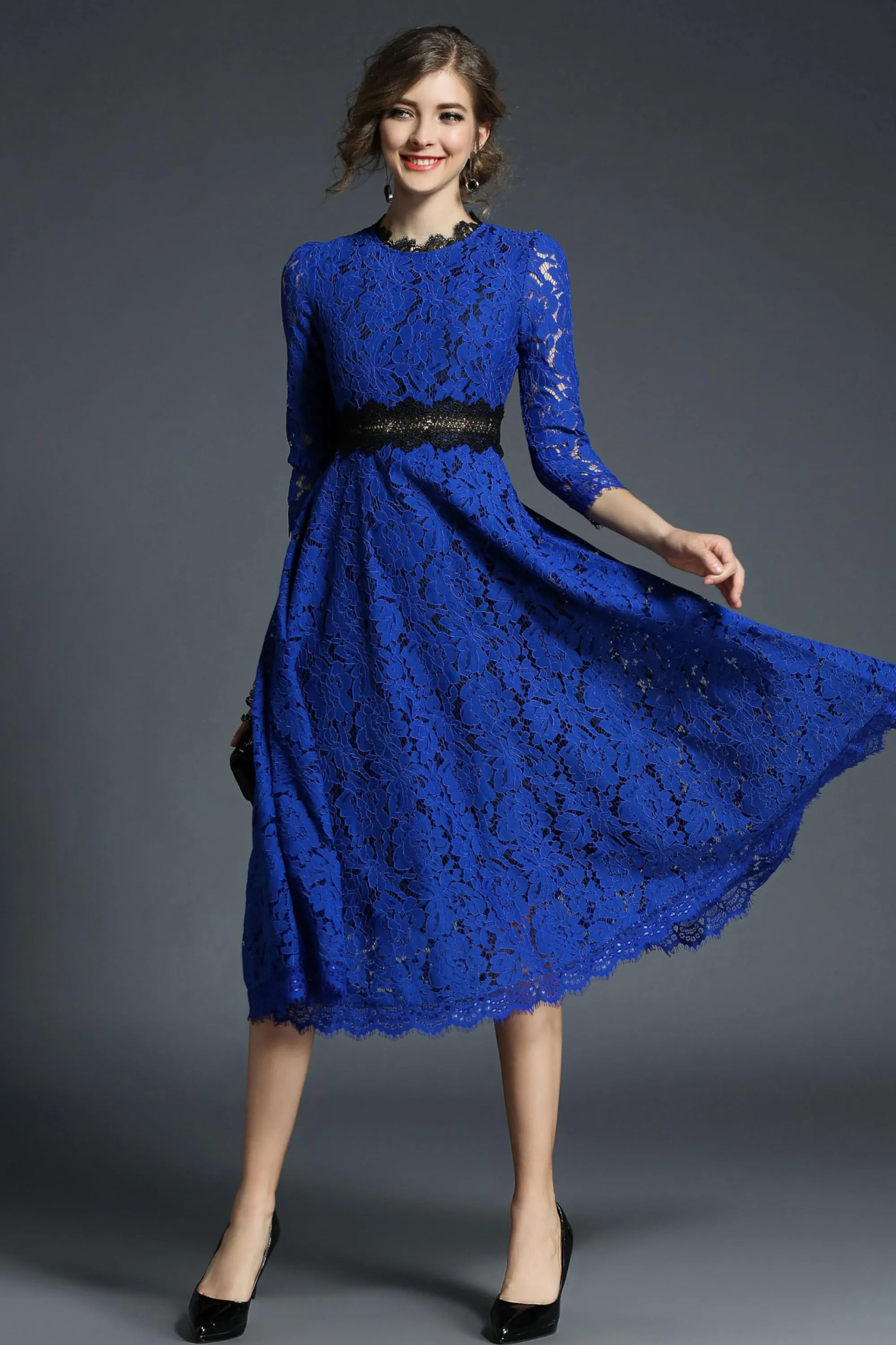 BK-Women's 3/4 Sleeve Floral Lace Cocktail Party Midi Dress