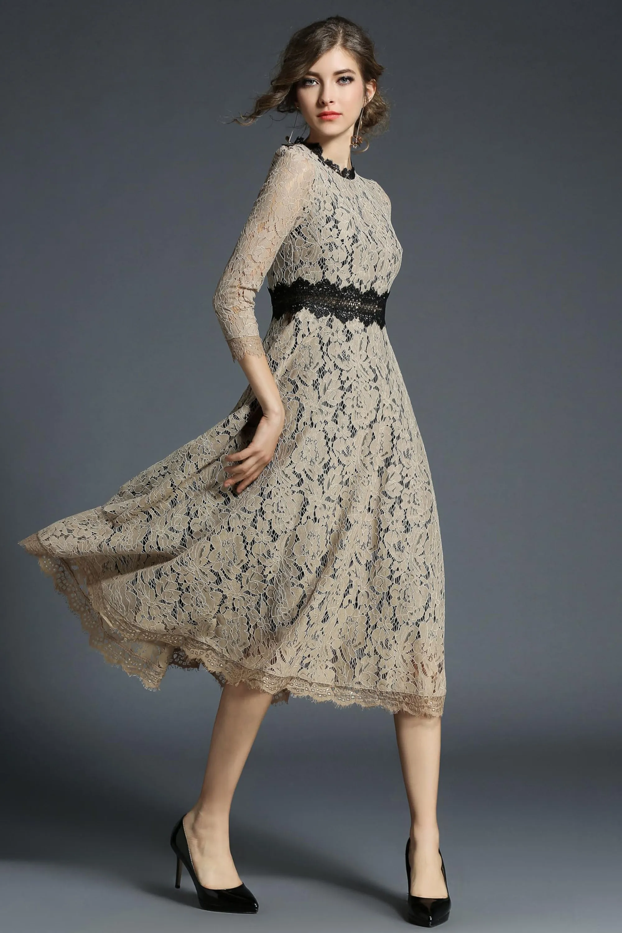 BK-Women's 3/4 Sleeve Floral Lace Cocktail Party Midi Dress