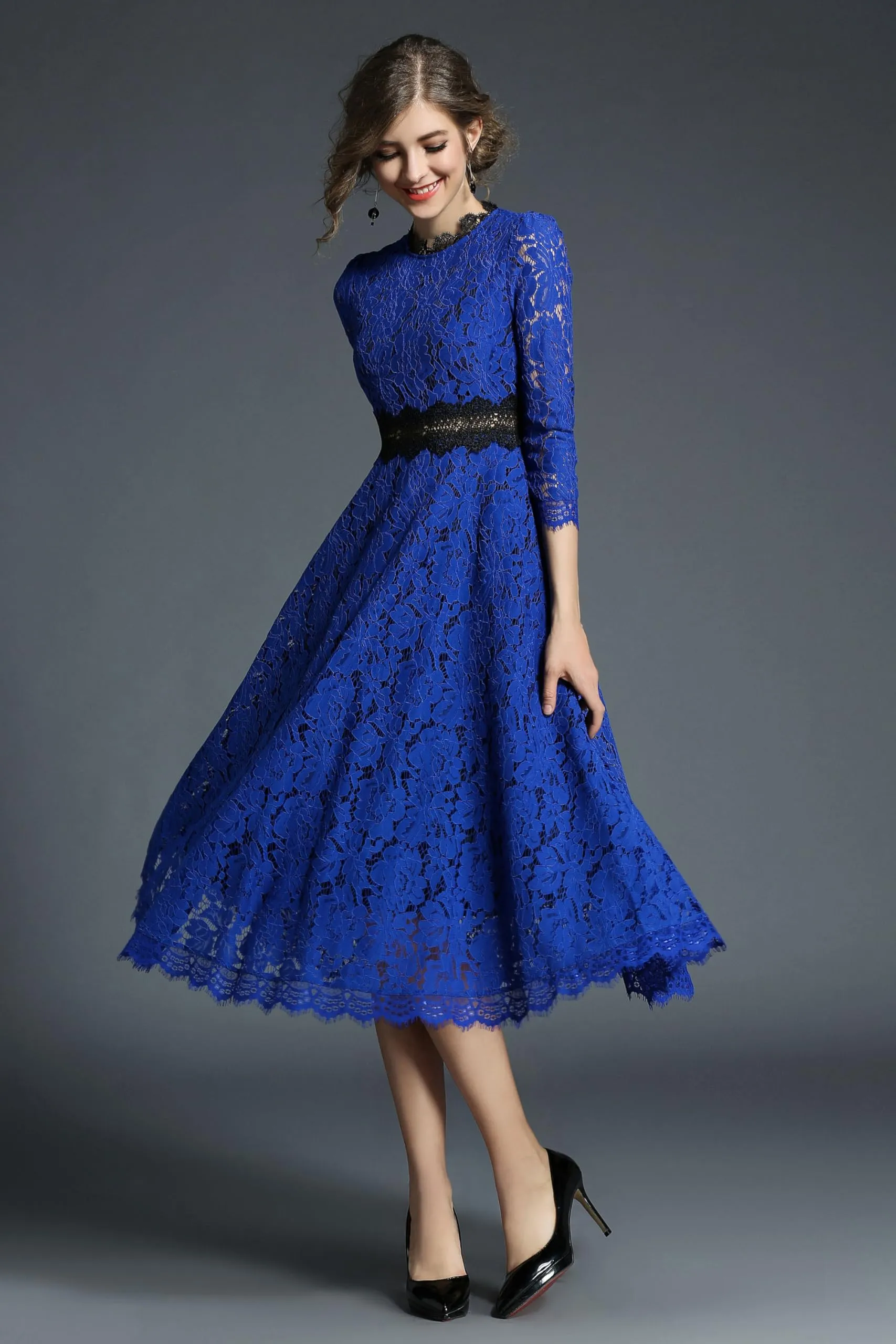BK-Women's 3/4 Sleeve Floral Lace Cocktail Party Midi Dress