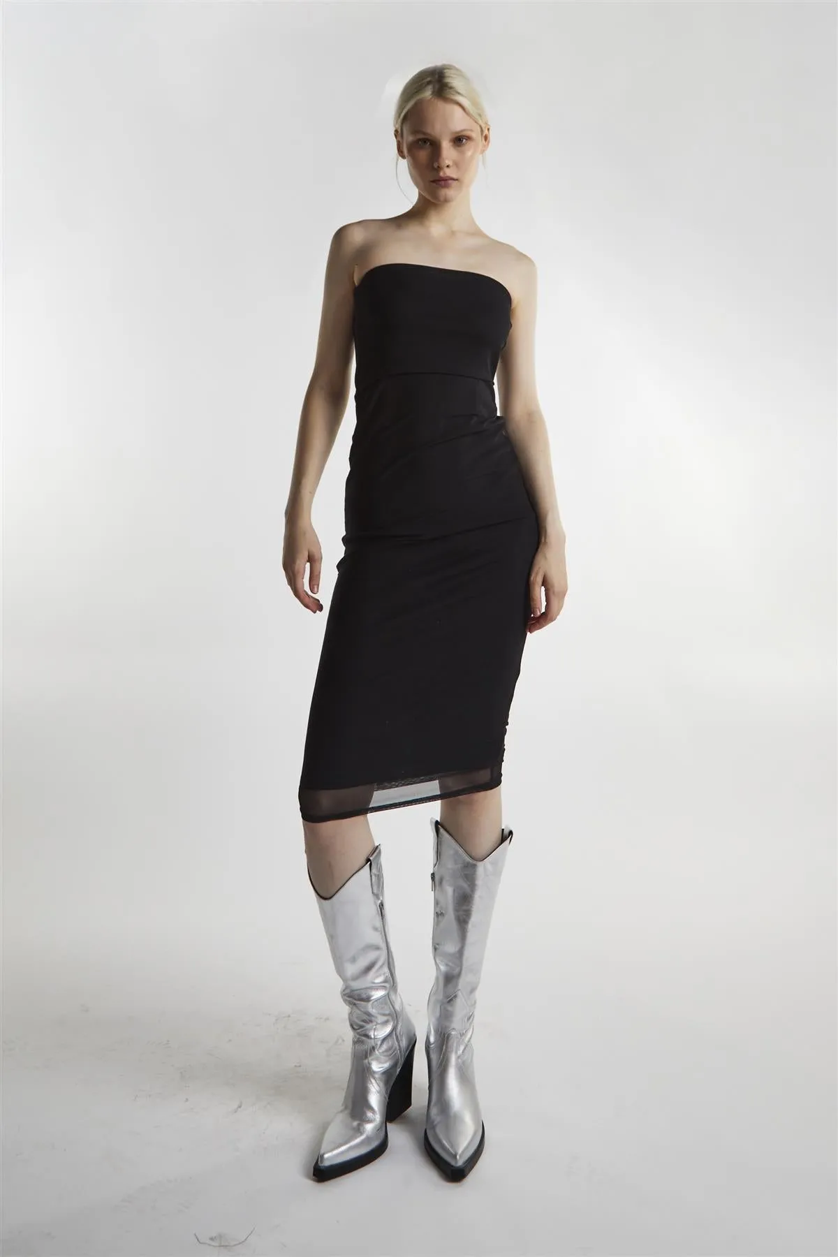 Black-Mesh Bandeau Bodycon Midaxi-Dress
