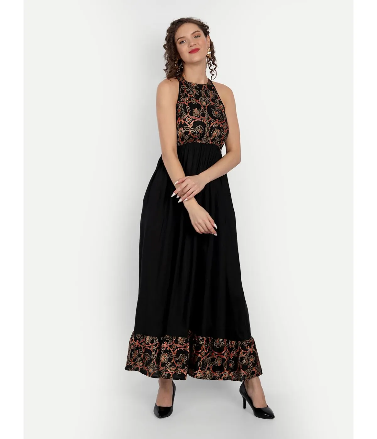 Black Printed A-Line Sleeveless Maxi Dress