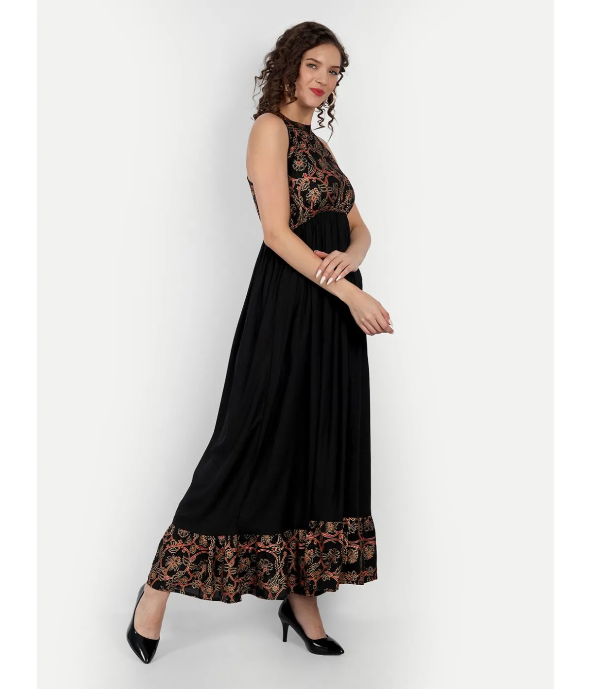 Black Printed A-Line Sleeveless Maxi Dress