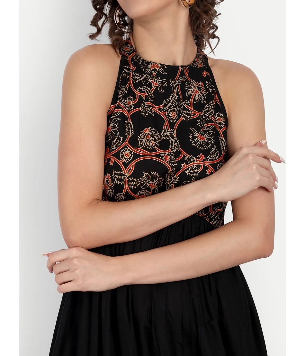 Black Printed A-Line Sleeveless Maxi Dress