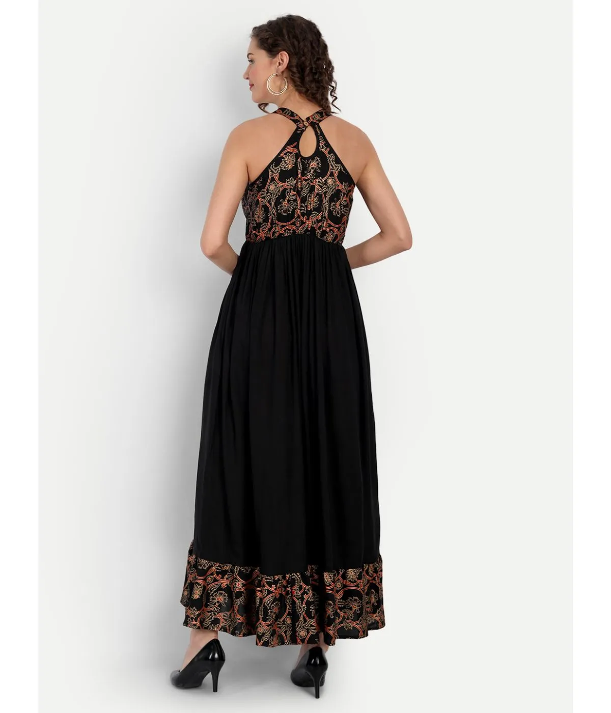 Black Printed A-Line Sleeveless Maxi Dress