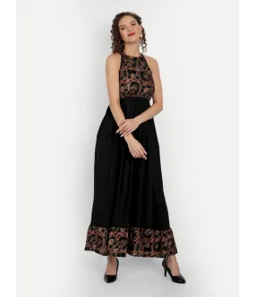 Black Printed A-Line Sleeveless Maxi Dress