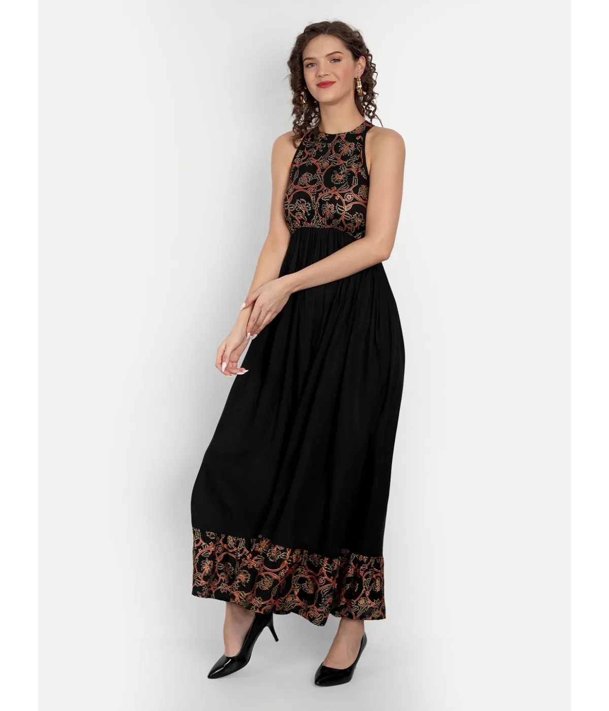Black Printed A-Line Sleeveless Maxi Dress