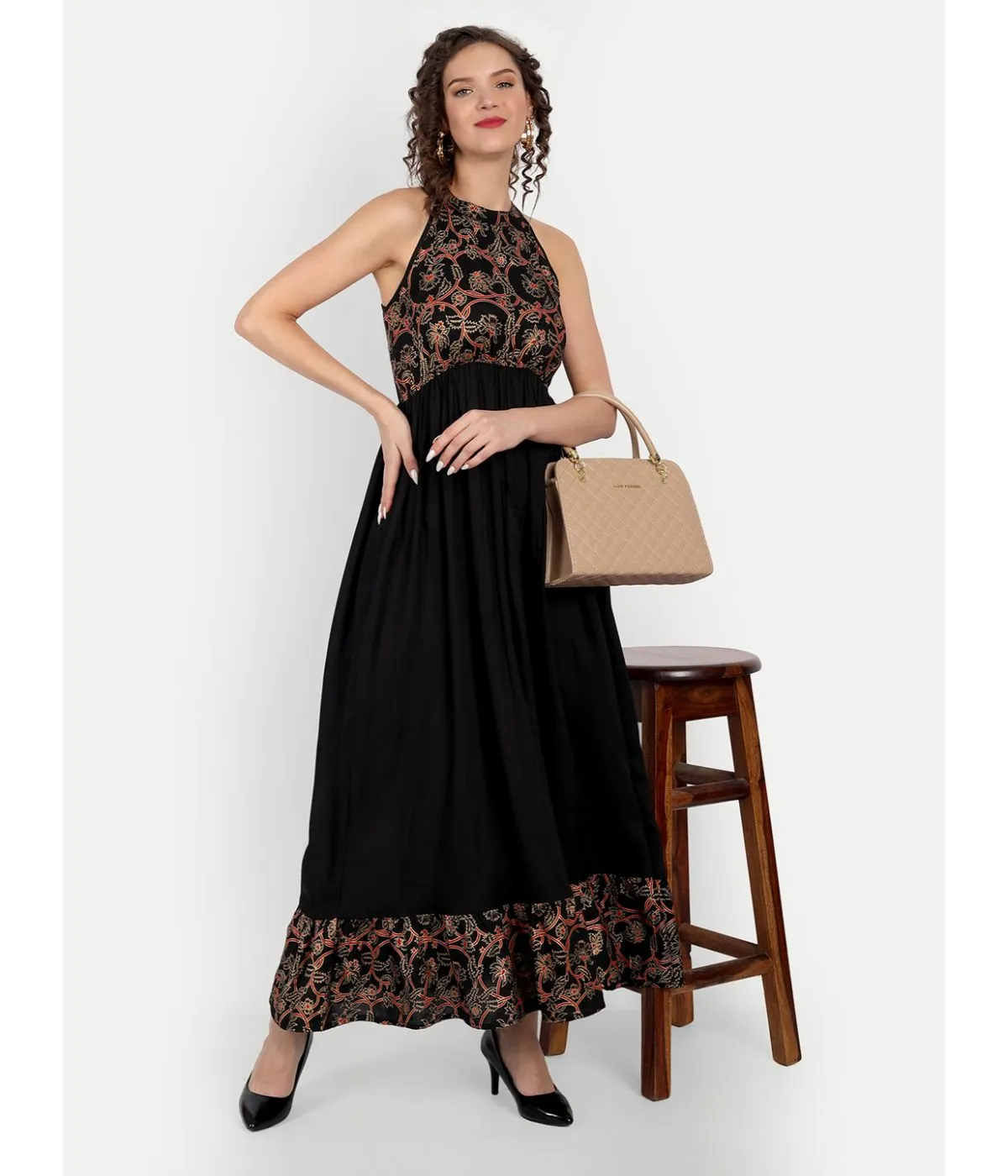 Black Printed A-Line Sleeveless Maxi Dress