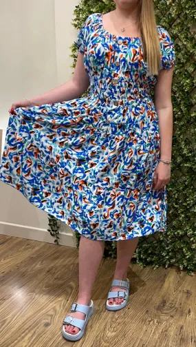 Blue Multi Splash Effect Bardot Midi Dress