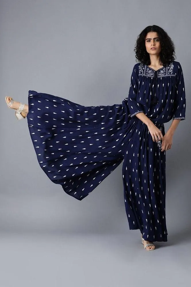 Blue Round Neck Printed Jumpsuit