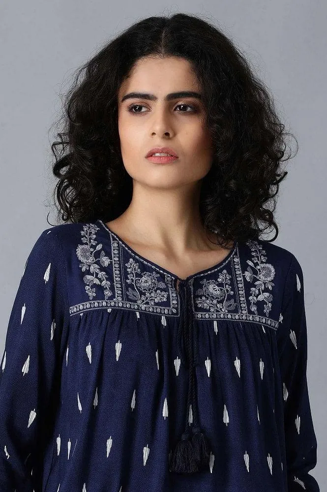 Blue Round Neck Printed Jumpsuit