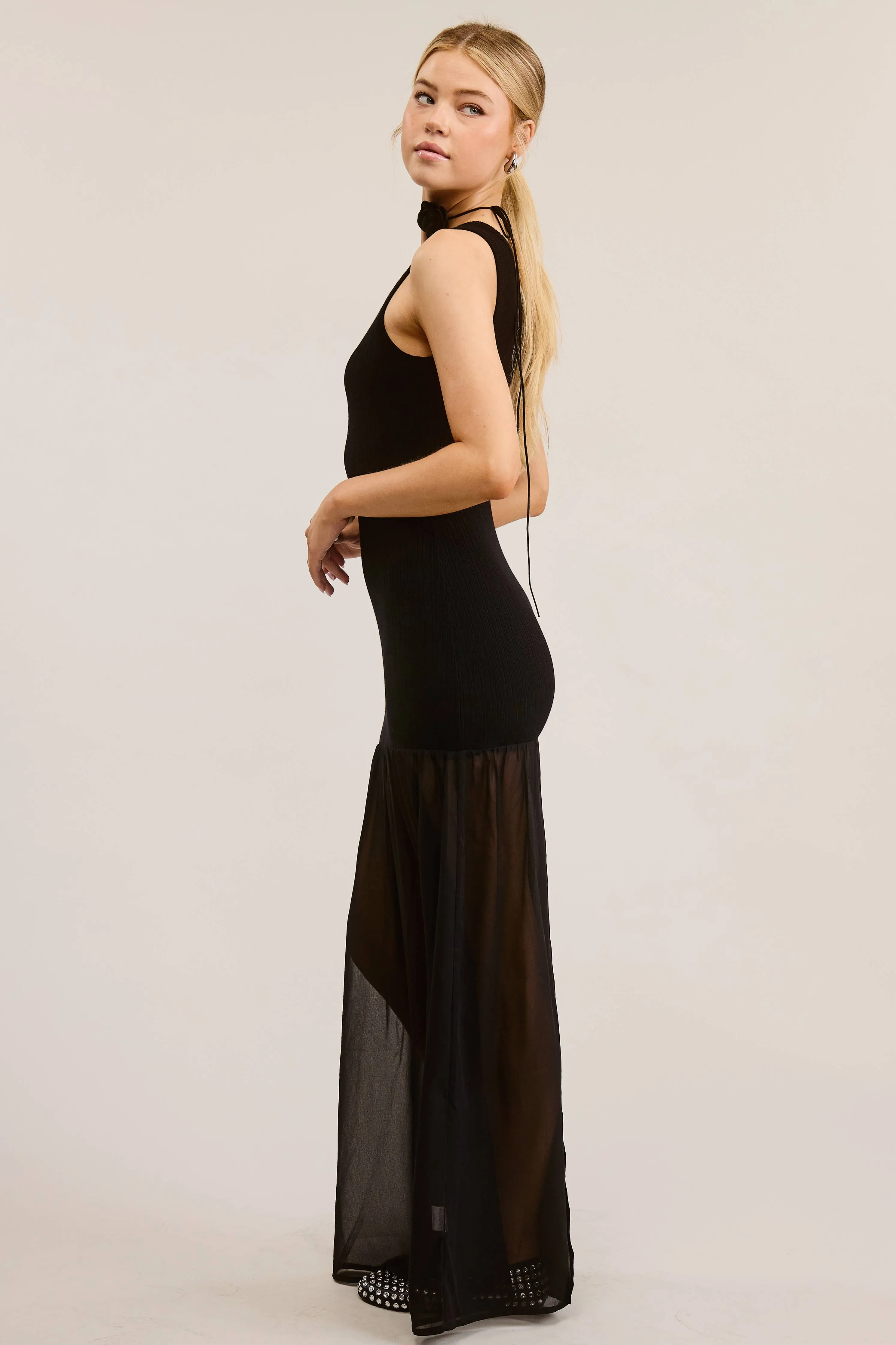 BODYCON SHEER CONTRAST TANK TOP MAXI DRESS