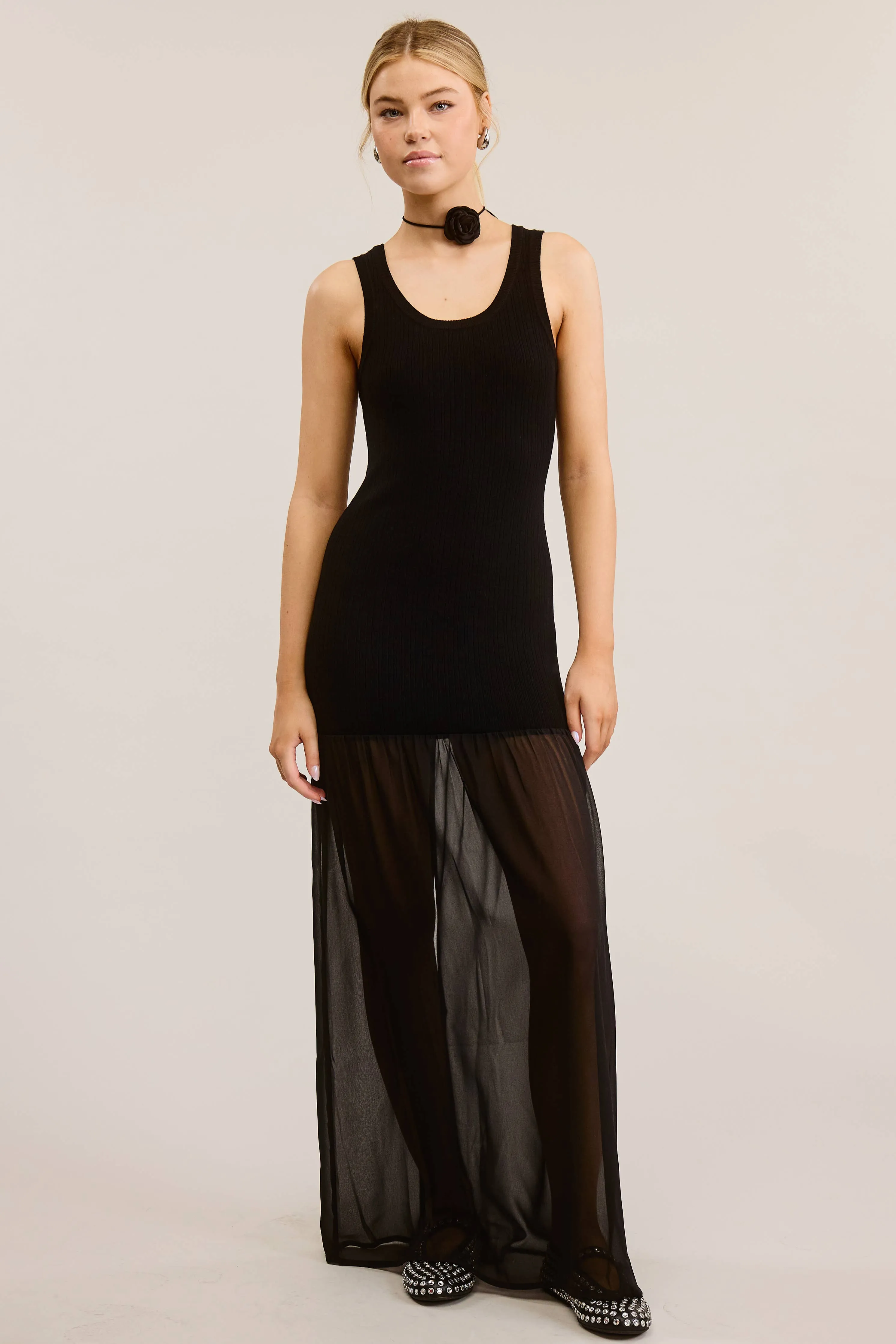 BODYCON SHEER CONTRAST TANK TOP MAXI DRESS