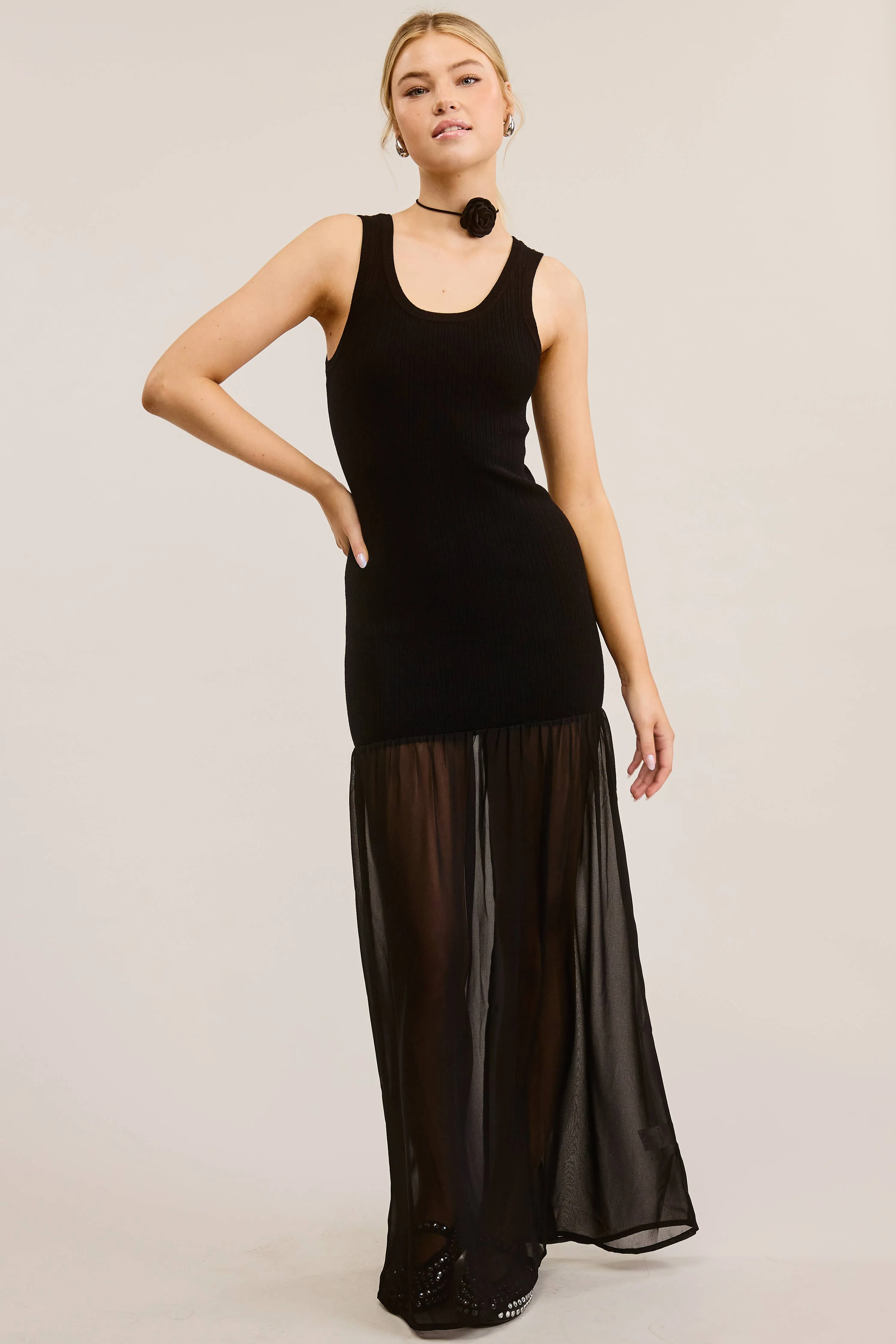 BODYCON SHEER CONTRAST TANK TOP MAXI DRESS