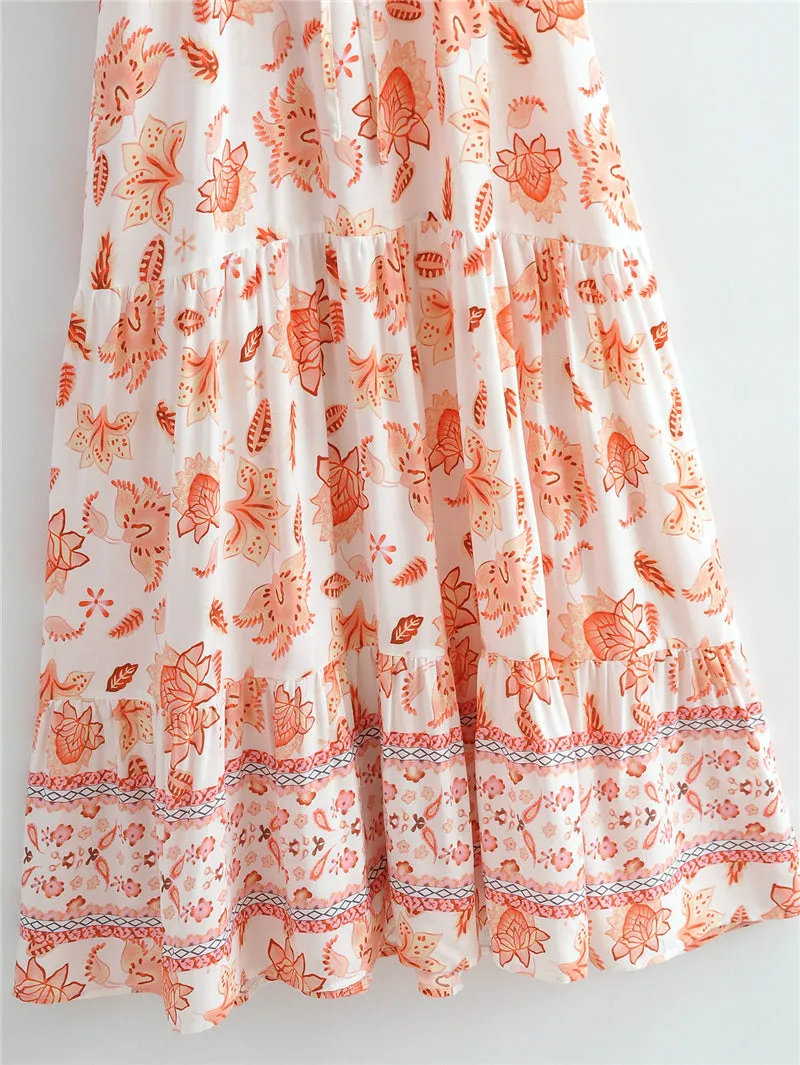 Boho Midi Dress, Sundress, White Orange Celeste
