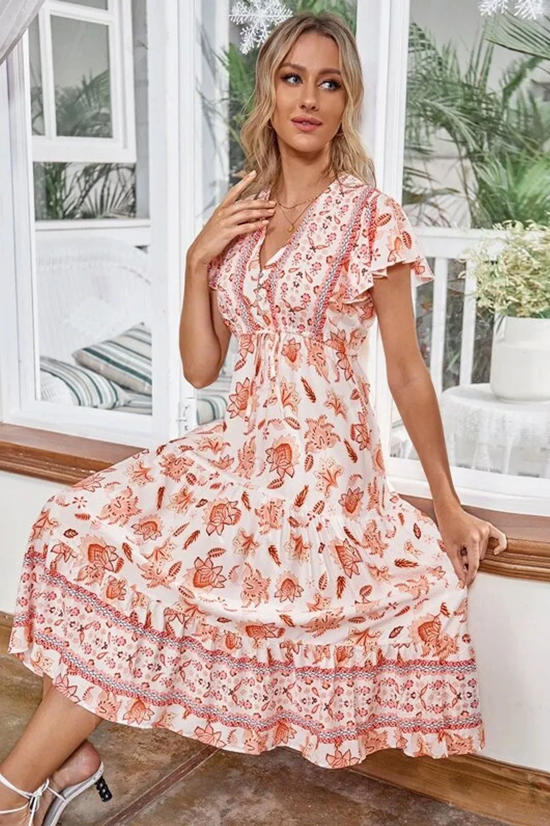 Boho Midi Dress, Sundress, White Orange Celeste
