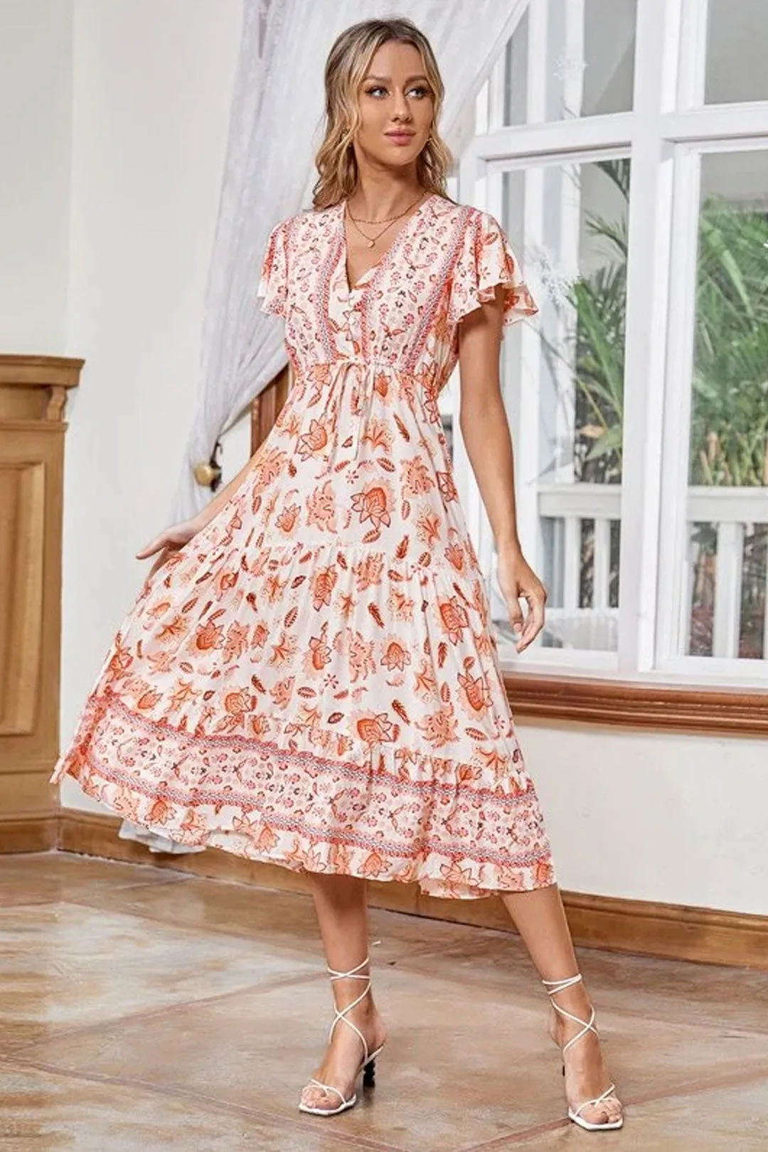 Boho Midi Dress, Sundress, White Orange Celeste