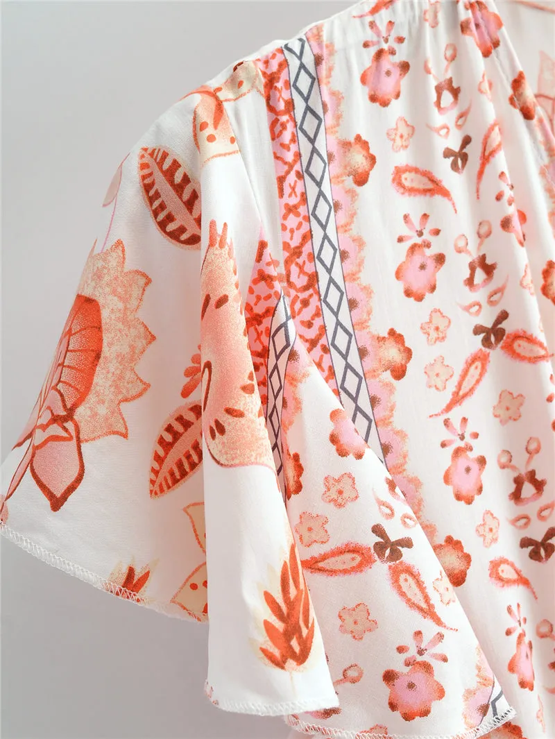 Boho Midi Dress, Sundress, White Orange Celeste